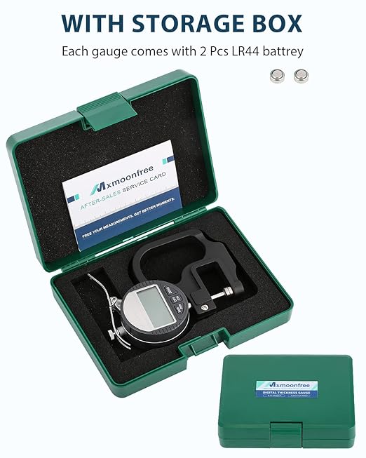 Digital Thickness Gauge 0-12.7mm/0.5inch 0.001mm High Resolution | Micrometer flat contact plates, 28mm throat depth, constant spring tension, unit conversion, storage case, battery included