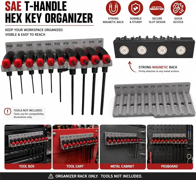 Magnetic T-Handle Hex Key Organizer Rack – Tool Holder for Harbor Freight ICON Style T Handle Wrenches – sae/metric/torx Storage Options (sae)