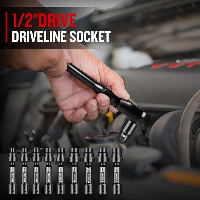 9-Piece 1/2'' Drive Driveline Limited Clearance Socket Set, 12-Point Metric Impact Swivel Socket Set, Cr-Mo Steel with Storage Case for Automotive & Industrial