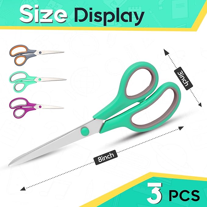 Scissors 8.5 Inch scissors all purpose for Office, Home, Sewing,and Crafts,Soft Comfort-Grip Right/Left Hand 3-Pack, Multicolor
