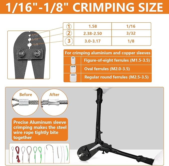 TooTaci Wire Rope Crimping Tool, Wire Rope Swaging Tool for Aluminum Oval Sleeves, Double Sleeves, Crimping Loop sleeve from 1/16-inch to 1/8-inch, Cable Crimper