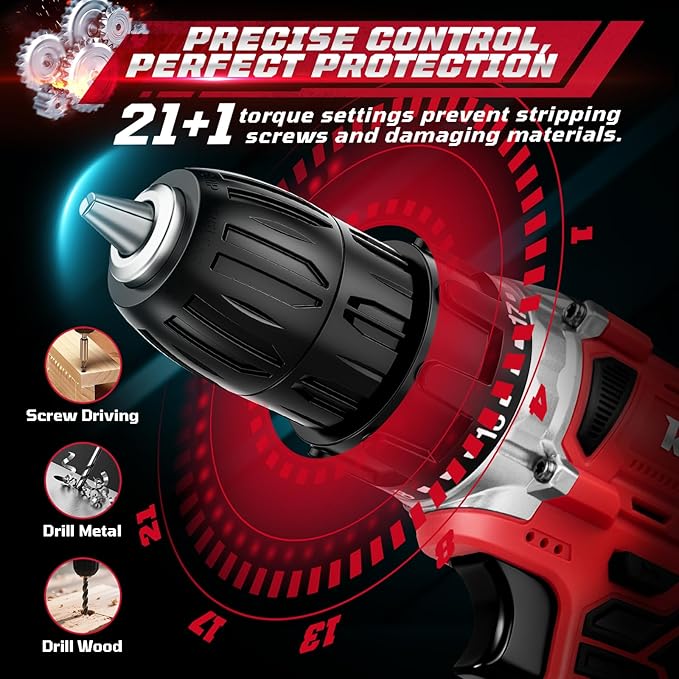 20V Cordless Drill Set,Electric Power Drill Cordless,Power Drill Drivers,Electric Screwdriver - 2.0Ah Batteries, 30Nm，21+1 Torque,2 Speed,34pcs Acessories,Built-in LED,Kit for Home,Red