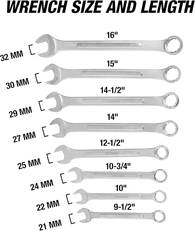 OEMTOOLS 8-PC 12 Pt. Metric Jumbo Combination Wrench Set 21 mm - 32 mm | Chrome Plated Finish Box End Wrenches, 15° Offset, Includes Canvas Wrench Roll, Drop-Forged Alloy Steel