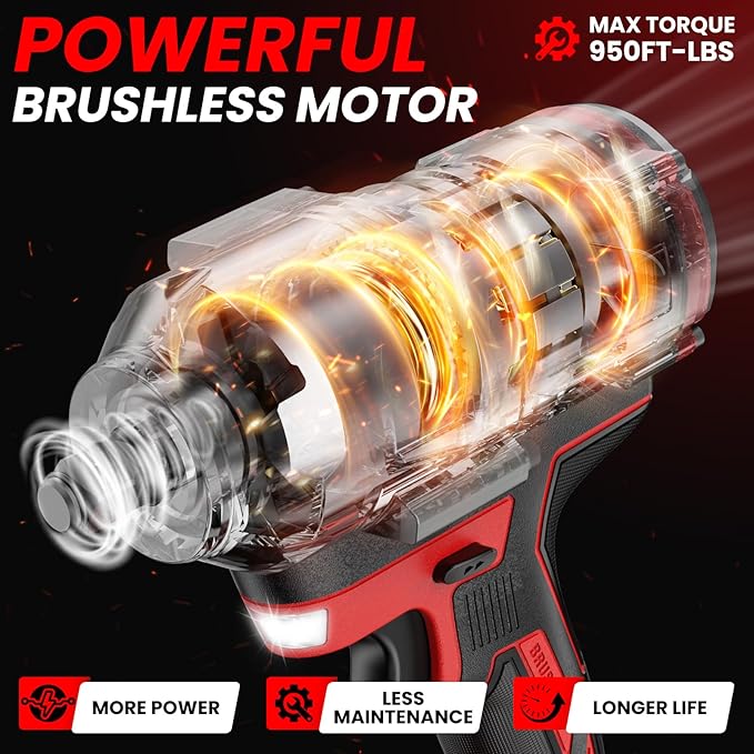 Cordless Impact Wrench 1/2 inch for Milwaukee Battery, Impact Wrench 1360N.m(950Ft-lbs) High Torque Brushless Electric Impact Gun, Power Impact Driver with 3-Mode Speed, LED Work Light(no battery)