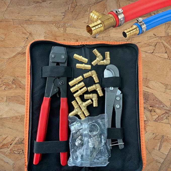 TT Flex Brass PEX Fittings All in One Kit with 12 Pcs 1/2" Tee Elbow Coupling Pipe Fittings，Pex Cinch Clamp Fastening Tool,Pipe Cutter and 20 Pcs 1/2" PEX Clamps