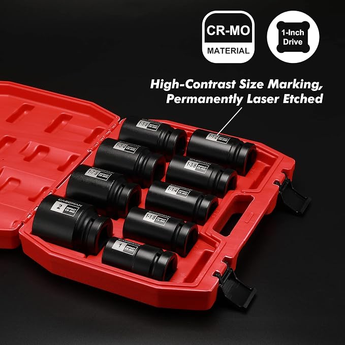 CASOMAN 1-Inch Drive Spindle Axle Nut Impact Socket Set, Deep, 1" to 2", 9PCS Impact Large Socket Set, 6-Point, SAE, CR-MO