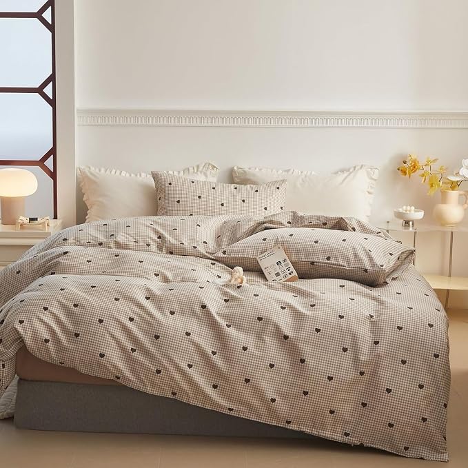 Sedefen Gingham Duvet Cover Set Queen Size, 3 Pieces Brown Plaid Bedding Set with Cute Heart Pattern, Kids Boys Girls Tan Checked Grid Soft Microfiber Duvet Cover for Bedroom Decor