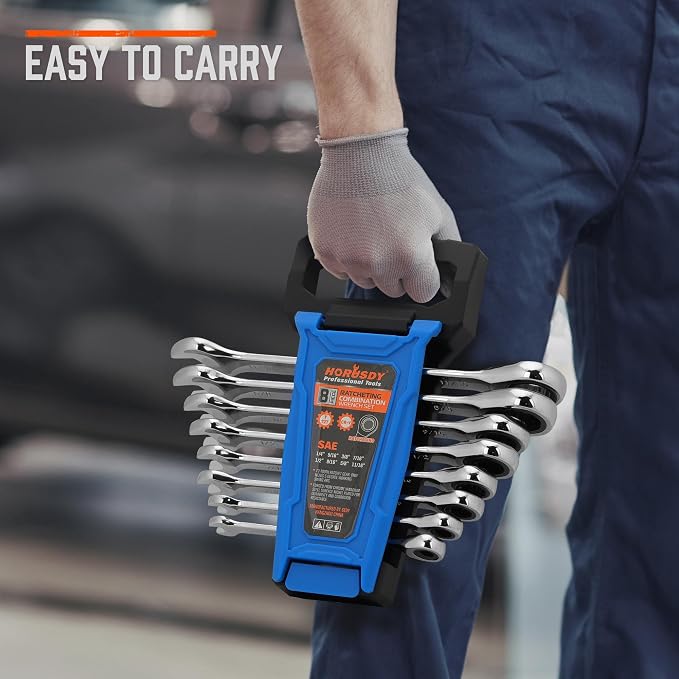 HORUSDY Combination Ratchet Wrenches Set with SAE | 8 Pieces Wrench Set with Wrench Organizer | 72-Tooth | 5° Swing Arc | 1/4" - 11/16" | Chrome Vanadium Steel