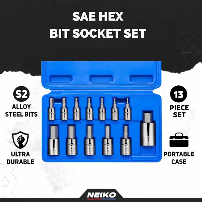 Neiko 10075A SAE Hex Bit Socket Set | 13-Piece Set | S2 Steel