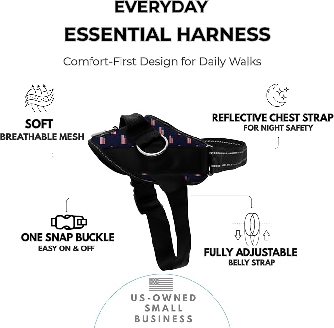 ShawnCo Essential Dog Harness, No-Pull Pet Vest (USA Flag,M) | 3 Leash Clips, Easy On, No-Choke, Reflective, Adjustable Fit, Padded Comfort, Control Handle, For Small, Medium & Large Dogs