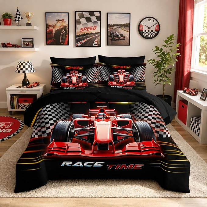 Red Race Car Comforter Set Queen Size,Black White Checkered Racing Flag Bedding Set for Kids Boys Room Decor,7Pcs Cool Sports Themed Bedding with Comforter,Fitted Sheet,Flat Sheet,Pillowcases.