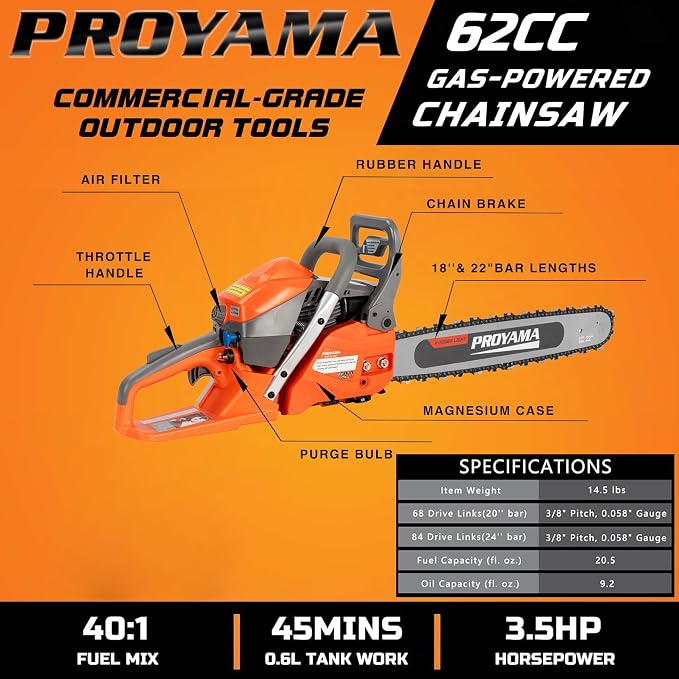 PROYAMA 62cc Gas Powered Chainsaw, 3 Position Spring Vibration System | 18" & 22" Bar and Chain, 3.5HP 2 Cycle Gas Power Handheld Chain Saw with Transparent Fuel Tank for Tree Wood Cutting