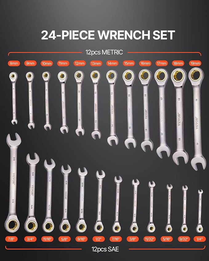 VEVOR 24-Piece Ratcheting Wrench Set, Ratchet Combination Wrench Set with Organizer, Nickel Plating, 72-Tooth, CR-V, Metric 8-19mm & SAE 1/4-7/8"