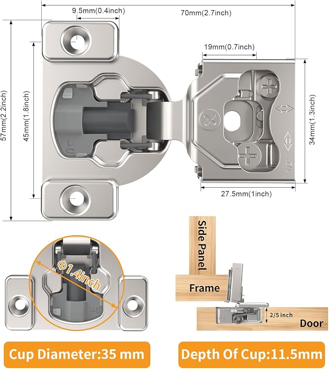 Chibery 4 Pack 7/16" Overlay 4D Concealed Hinges for Face Frame Door, Soft Close On/Off Switch, Self Closing, 105° Open Angle Concealed Stainless Steel Hinges for Framed Cabinet, Satin Nickel