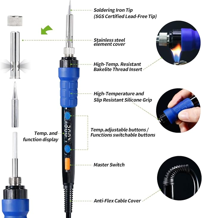 YIHUA 928D Soldering Iron Kit, 65W Soldering Iron, Fully Digital, Display °F/°C, Temperature Control, Accuracy 194~896℉- Soldering Kit with Sleep Function, Temp. Correction Function, Holder &more.