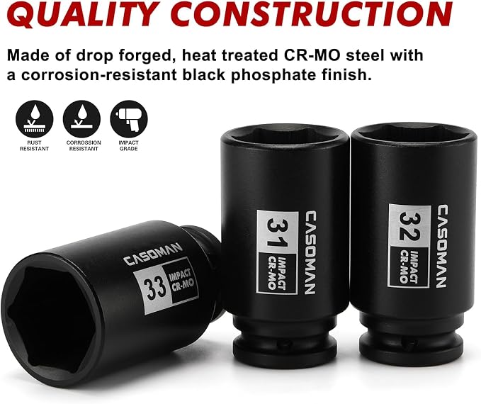 CASOMAN large socket set 1/2- Inch Drive Deep Spindle Axle Nut Impact Socket Set, 6 Point, CR-MO, Metric, 29mm-38mm, 9-Piece 1/2" Dr. Deep Impact Socket Set