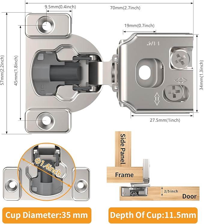 Chibery 50 Pack 1-1/4" 4D Concealed Hinges for Face Frame Door, Soft Close On/Off Switch, Self Closing, 105° Open Angle Concealed Stainless Steel Hinges for Framed Cabinet, Satin Nickel