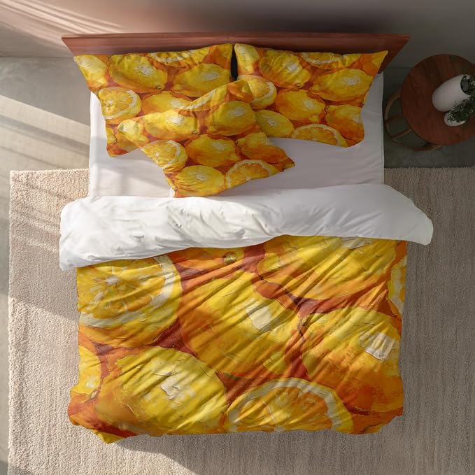 Batmerry Lemons Citrus Fruit Full Size 100% Cotton Duvet Cover Sets, Vibrant Lemon Oil Painting Bedding Set with Zipper Closure Corner Ties, 3 Pieces (1 Cover + 2 Pillowcases No Comforter)