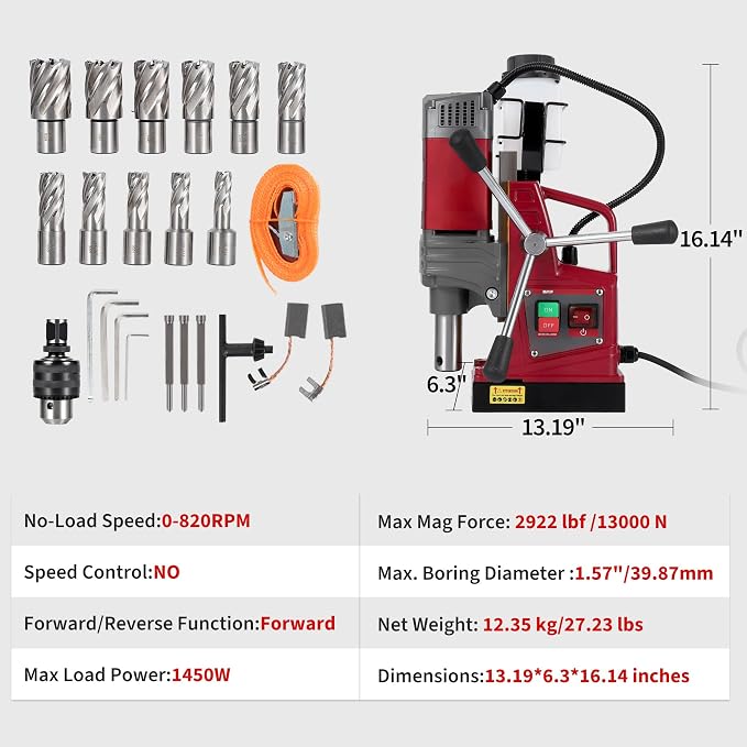 PrecisionAuto Magnetic Drill Press – 1450W Motor, 820RPM, 1.57" Boring Diameter, 13000N Magnetic Force, Twist Drill Adapter, Portable Electric Drill for Steel Beam & Metal, Industrial & Construction