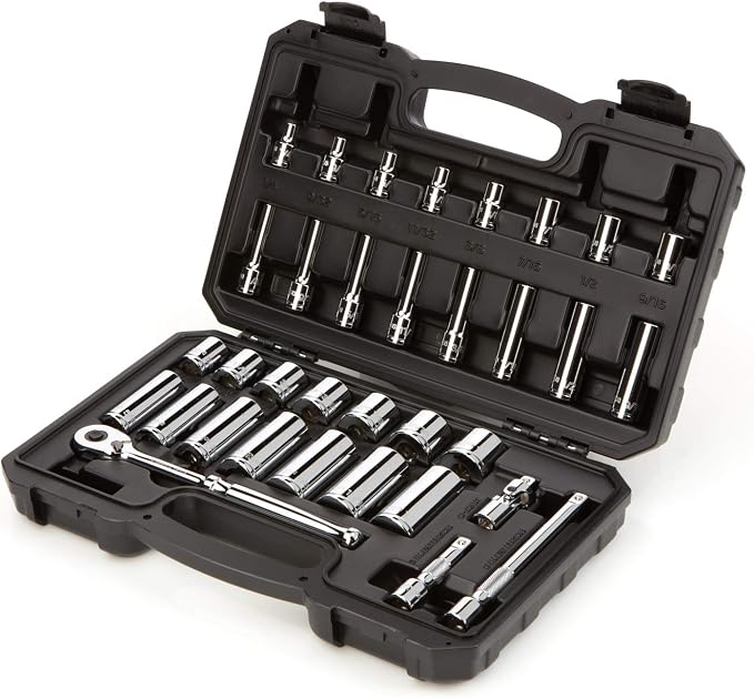 TEKTON 3/8 Inch Drive 6-Point Socket and Ratchet Set, 34-Piece (1/4-1 in.) | SKT15101 | (1/4 - 1 in.), Shallow and Deep, Case