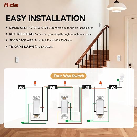 AIDA 4 Pack 4 Way Rocker Decora Light Switch, 15 Amp Self-grounding Electrical Light Switches, Residential Grade, UL Listed, Glossy White