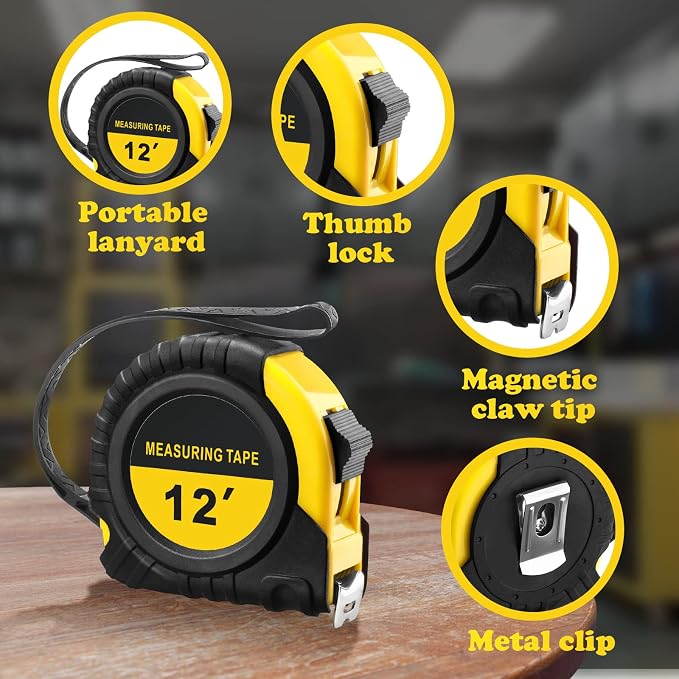 20 Pieces Tape Measure 12 ft Retractable Measuring Tape Bulk with Fractions Marked Easy Read Yellow Measuring Tape Bulk Set for Engineer Contractors, Autowind and Lock