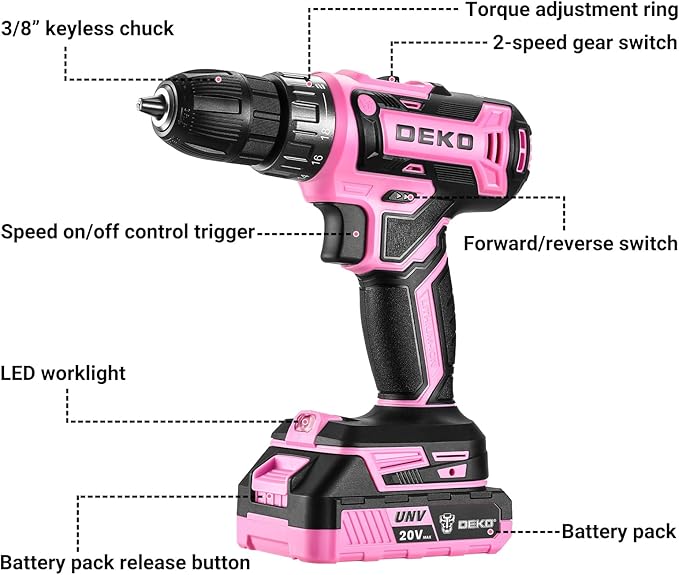 Power Drill Cordless: DEKOPRO Pink Cordless Drill 20V Electric Power Drill Set Tool for Women Drills with Battery and Charger 20 Volt Drills Driver Kit