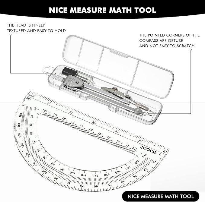 Zonon Student Protractor and Compass Set, Student Geometry Math Set, Compass for Geometry and 180 Degree 6 Inch Protractor for Drawing Measuring School Office(1 Pcs,Clear)
