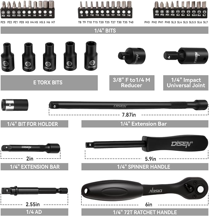 DISEN 94 PCS 1/4" Drive Impact Socket Set | Shallow & Deep Socket SAE(5/32"-9/16") & Metric(4-15mm), Torx Screwdriver Bit Set, CRV, Automotive Repair