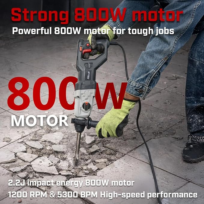 XtremepowerUS 800W SDS-Plus Electric Rotary Hammer Drill Demolition Chiseling & Drilling Bits Set 4 Functions Corded Variable Speed for Concrete, Includes 3 Drill Bits, 2 Chisels, Case