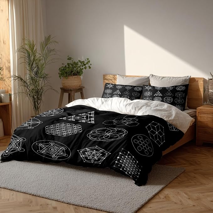Batmerry Geometry Sacred Symbol Queen Size 3 Pieces Bedding Duvet Cover Sets,Soft Fluffy Religion Philosophy Pattern Printed Duvet Cover for All Season