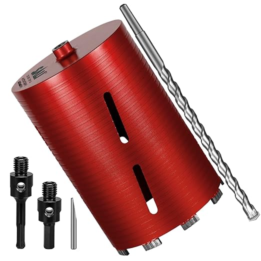 SALI Diamond Core Drill Bits 6 1/2" Diameter 10"/254mm Drilling Depth 5/8-11" Thread Core Bit Turbo Laser-Welded Segments for Cured Concrete with Brick Block Masonry with Two Adapters（Red）