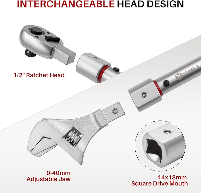 Adjustable Open End Torque Wrench 1/2" Drive-10-170 Ft-Lb for HVAC | 40MM 1/2 Inch Pound Torque Wrench(13.6-230.5Nm), Interchangeable Jaw&Ratchet Head for Car, Moto, Narrow Pipeline