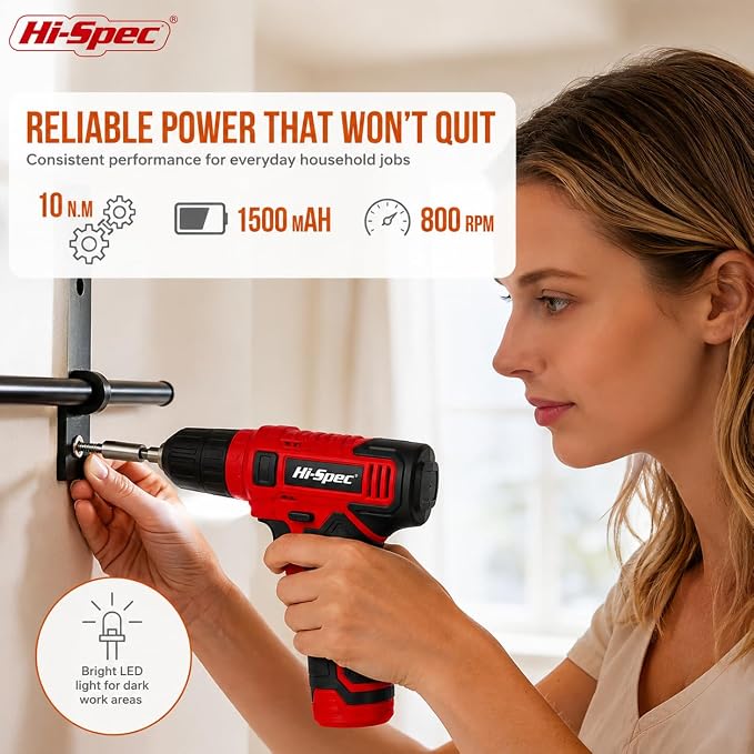 Hi-Spec 8V USB Power Drill Driver Screw Drill Bit Set. Cordless & Rechargeable Electric Drill Driver with Wall Hanging Kit,Red