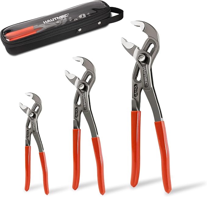 HAUTMEC 3 PCS Water Pump Pliers Set, Fast Adjustable Tongue and Groove Joint Pliers Tool Set,V-Jaw with Comfort Grips, 7 10 12Inch Plier Rust-Proof CRV Steel Construction for Plumbing HT0370-PL