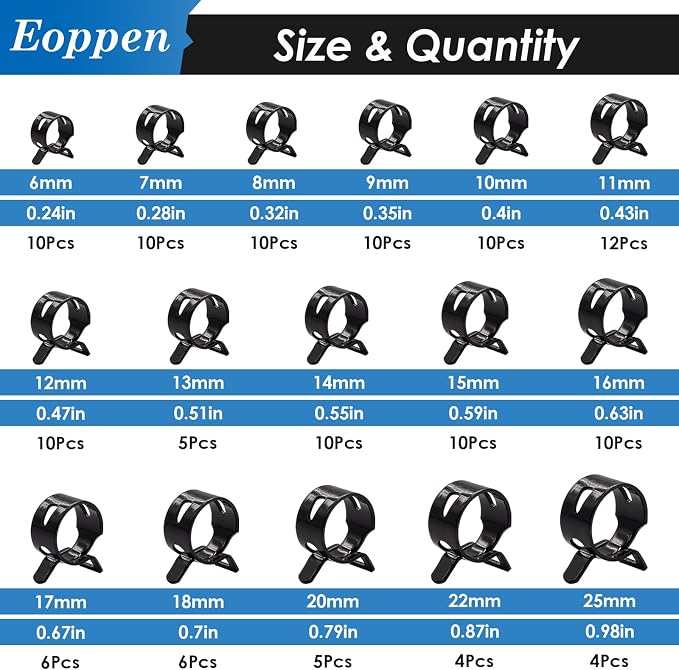 132Pcs 6-25mm Spring Hose Clamps Assortment Kit with Swivel Flat Band Fuel Hose Clamp Plier - 16 Sizes Fuel Line Silicone Vacuum Hose Low Pressure Air Clamps