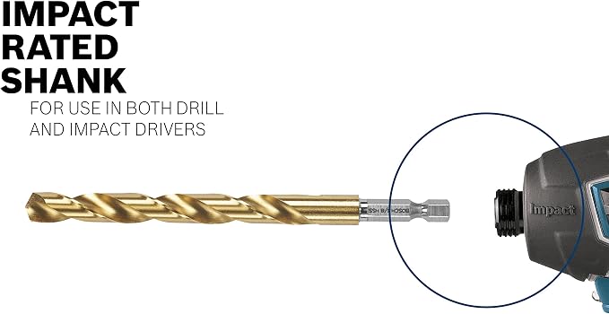 BOSCH TI2151IM 1-Piece 3/8 in. x 5 in. Titanium Nitride Coated Metal Drill Bit Impact Toughwith Impact-Rated Hex Shank for Applications in Heavy-Gauge Carbon Steels, Light Gauge Metal, Hardwood