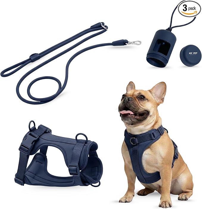 No Pull Dog Harness and Leash Set 3-in-1 Adjustable Anti Pull Dog Harness with Hands-Free Matching Leash,Poop Bag Holder,Easy Walk Dog Harness Extra Small Sized Dog(Navy Blue)