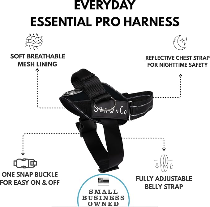 ShawnCo Essential Pro Dog Harness, No-Pull Pet Vest with 3 Leash Clips and Removable, Reflective Side Patches, Adjustable and Padded Harness for Small, Medium and Large Dogs (Midnight, M)