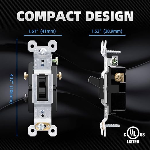 ELEGRP 3 Way Toggle Light Switch, 15 Amp, 120 V, Toggle Framed AC Quiet Switch, in Wall On/Off Switch Replacement, Self-Grounding, Residential and Commercial Grade, UL Listed (5 Pack, Glossy Black)