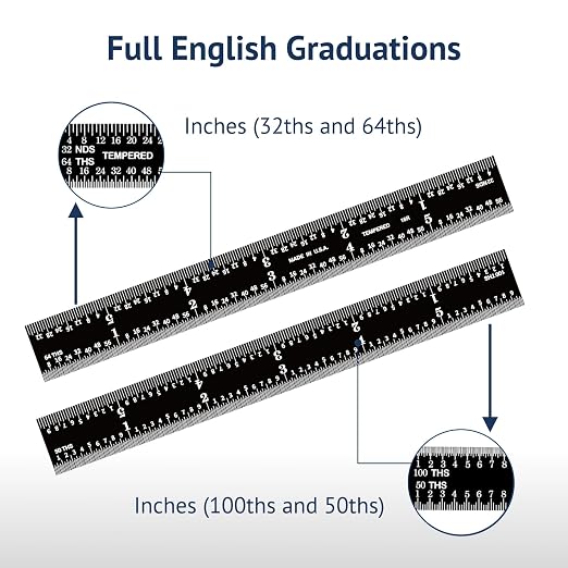PEC Tools 6-inch Metal Ruler, Stainless Steel with Black Chrome Finish, 16R Graduation (1/32", 1/64", 1/50", 1/100") High-Precision, High Wear Resistance, High Contrast, Machinist Rule, Made in USA