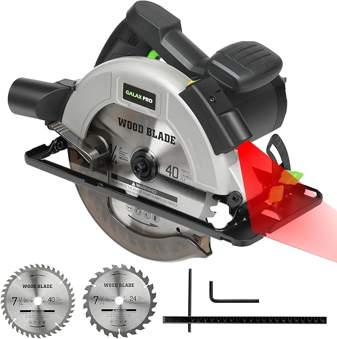 GALAX PRO 11Amp Corded Circular Saw with Laser, 6000RPM, 0-45° Adjustable Bevel, Max Cutting Depth 2-1/2''(90°) to 1-7/8''(45°), 7-1/4 Inch Carpentry Blade for Wood Plastic Cuts