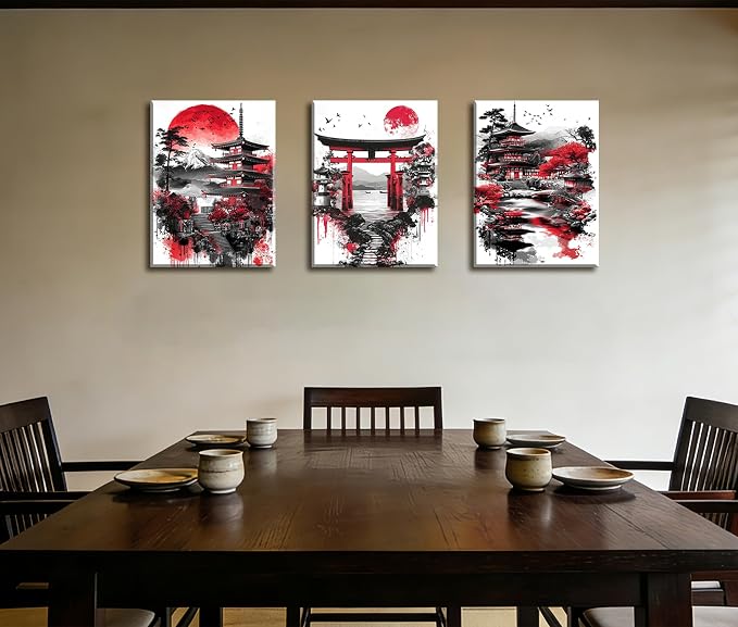 Frimeeme 3 Pieces Japanese Canvas Wall Art, Japanese Landscape Painting Prints, Red and Black Cherry Blossom Trees Building Pictures, Living Room Office Decor, 12x16 Inch Each