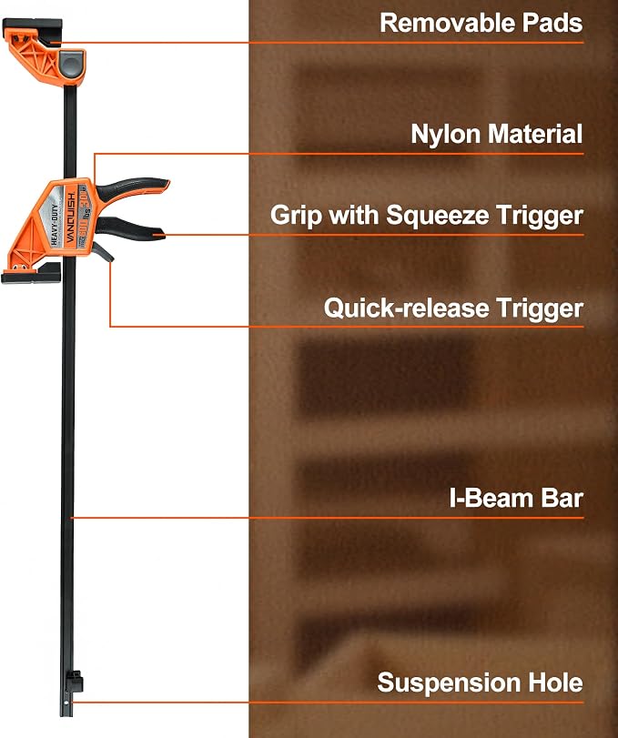 VANQUISH 36" One Hand Clamp/Spreader, 600Lbs Clamping Force, 3.4in. Throat Depth Heavy Duty Quick Release Bar Clamps, Tools & Equipment for Woodworking, Carpentry, Home Improvement, DIY