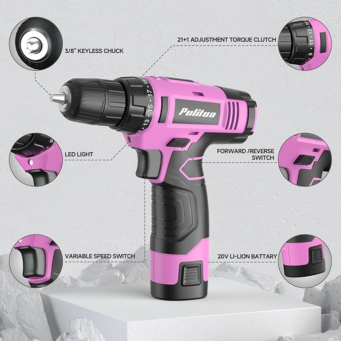 PULITUO Drill Set, 149-Piece Home Tool Set with 12V Pink Cordless Drill, ToolBox, Hand Tool Kits for Women Men, DIY Enthusiasts for Home Improvement.