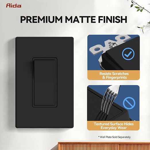 AIDA 4 Pack Single Pole Rocker Decora Light Switch, 15 Amp Self-grounding Electrical Light Switches, Residential Grade, UL Listed, Matte Black