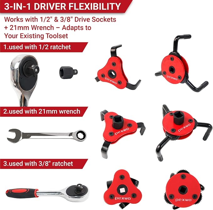 2-Piece 3-Jaw Adjustable Oil Filter Wrench Set - Universal Fit for 2-1/2" to 5-1/2" Filters, 3/8" and 1/2" Both Drive
