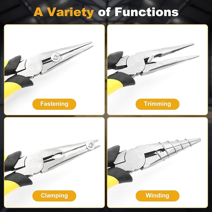 Premium 8-Inch Needle Nose Pliers, Heavy-Duty Steel Long Nose Cutting Pliers with Wire Cutter, Paper Clamp Precision, Anti-Slip Comfort Grip for Home, Fishing, Jewelry and Crafts