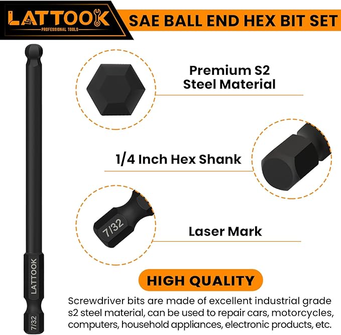 Ball End Hex Bit Set with Quick Release Bit Driver | LATTOOK 10PCS SAE Ball End Hex Head Allen Wrench Drill Bit Set, Allen Key Drill Bit Set, Magnetic S2 Steel, 4'' Long