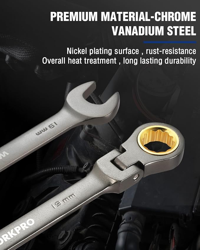 WORKPRO 19 mm Flex-Head Ratcheting Combination Wrench, Nickel Plating | Cr-V Constructed, 72-Teeth, 12 Point Design, Metric, For Home Improvement, Auto Repairs, Plumbing, Constructions, Machinery